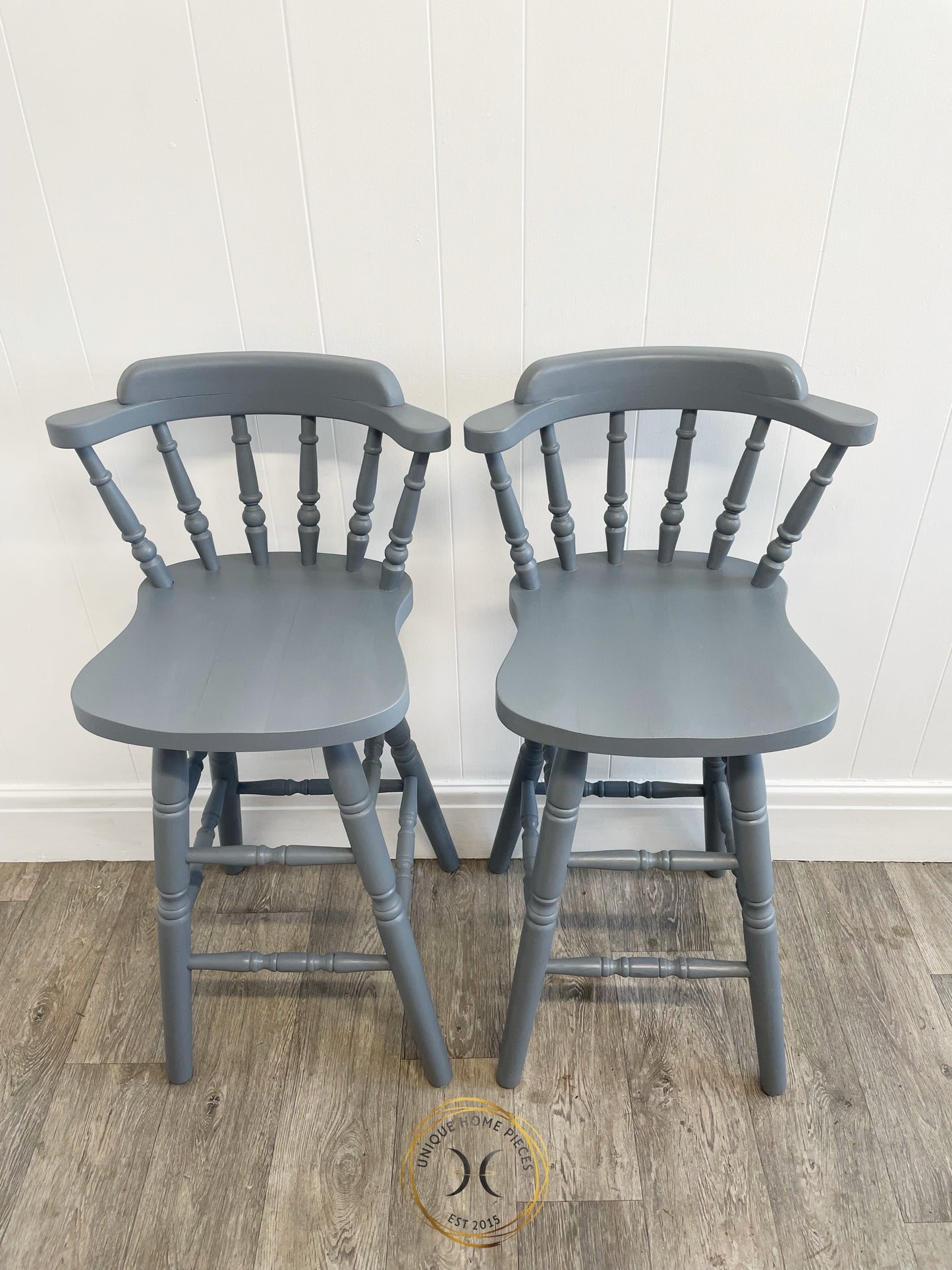 Set of 2 Hand Painted Grey Pine Bar Stools