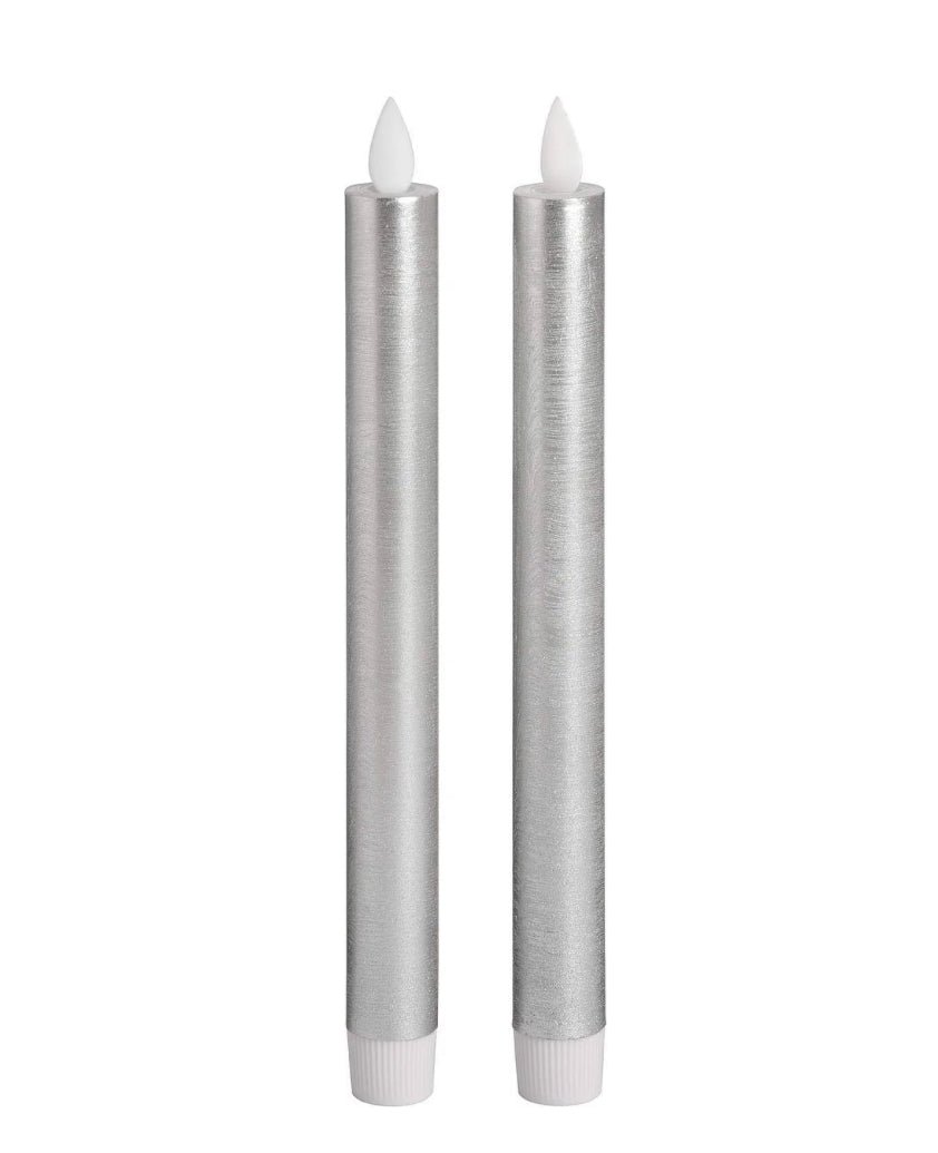 Pair of Silver Flickering Flame LED Wax Dinner Candles