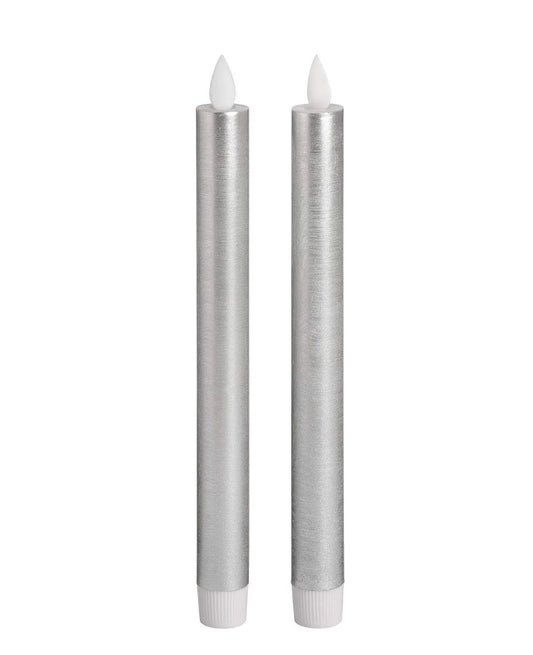 Pair of Silver Flickering Flame LED Wax Dinner Candles