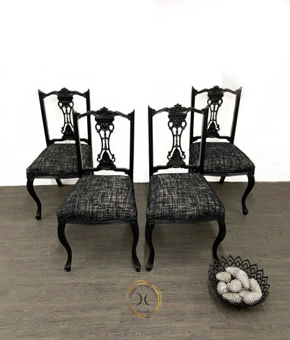 Set of 4 Edwardian Black & Silver Dining Chairs.