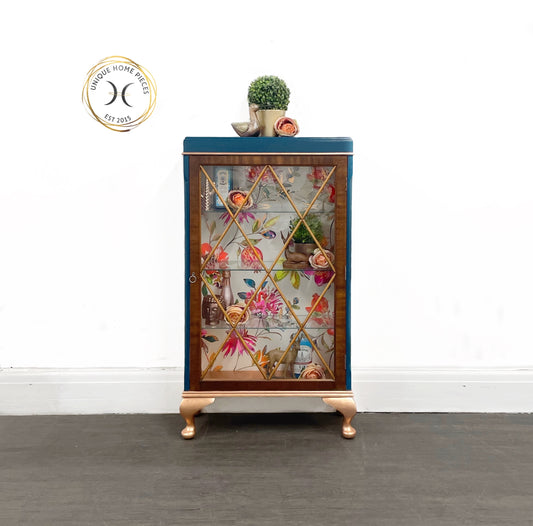 Blue Copper Vintage Glass Fronted Display/ Drinks Cabinet