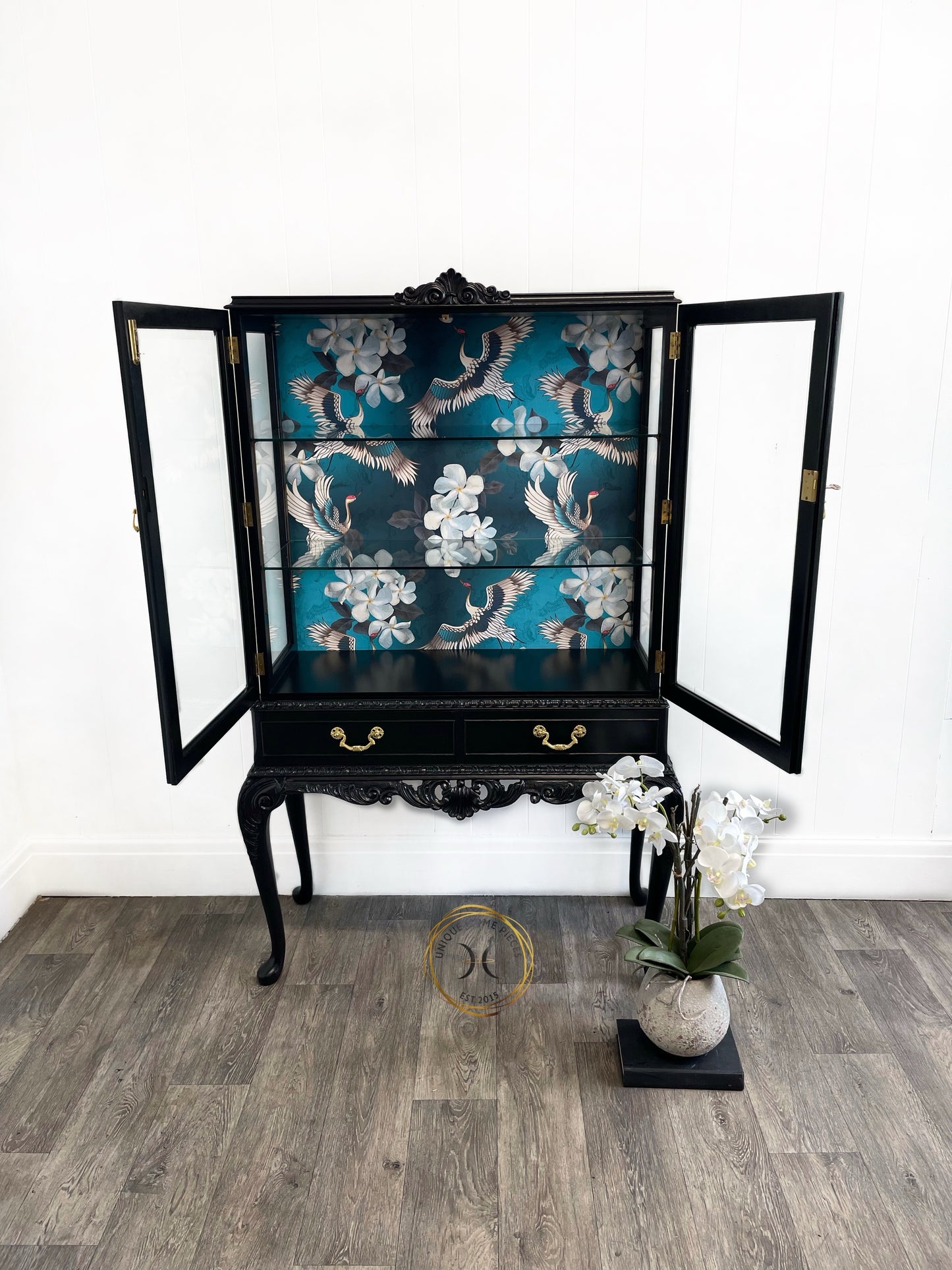 Black Bespoke Bevelled Glass Door Display Cabinet, Queen Anne Legs,Turquoise Crane Bird Design