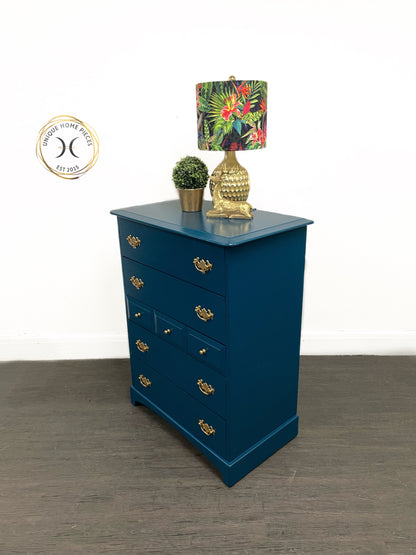 Stag Chest of 7 Drawers, Stag Tallboy Dresser, Blue Vintage Stag MCM Solid Wood Dresser - Unique Home Pieces
