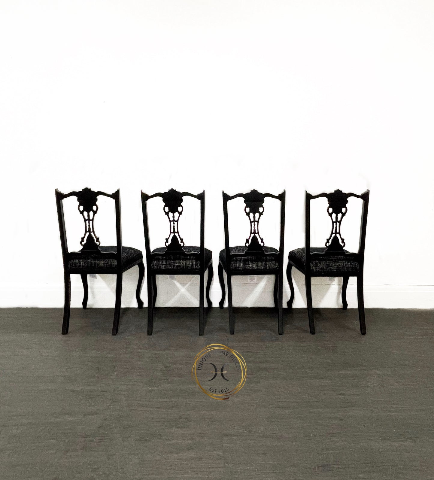 Set of 4 Edwardian Black & Silver Dining Chairs.