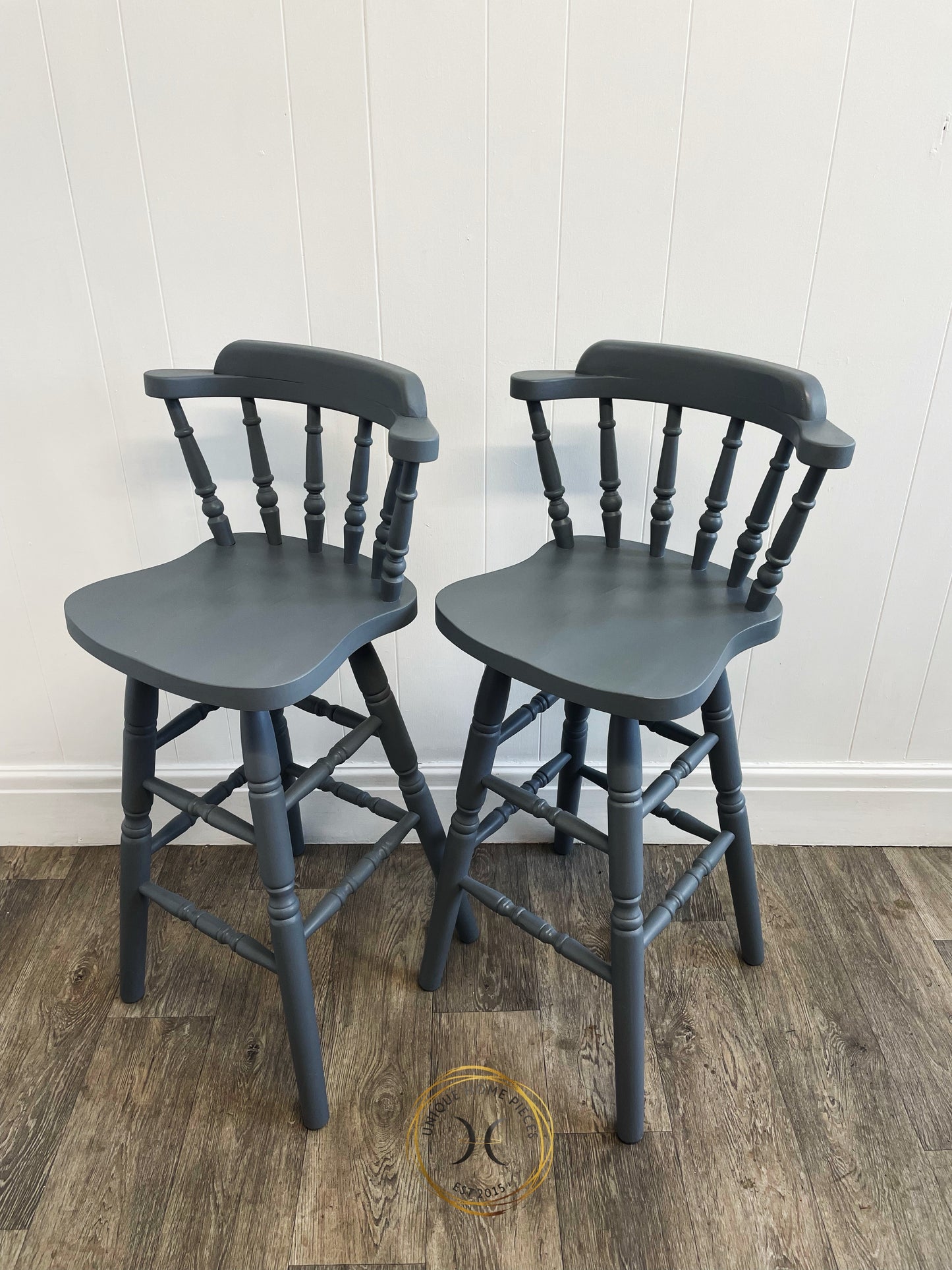 Set of 2 Hand Painted Grey Pine Bar Stools