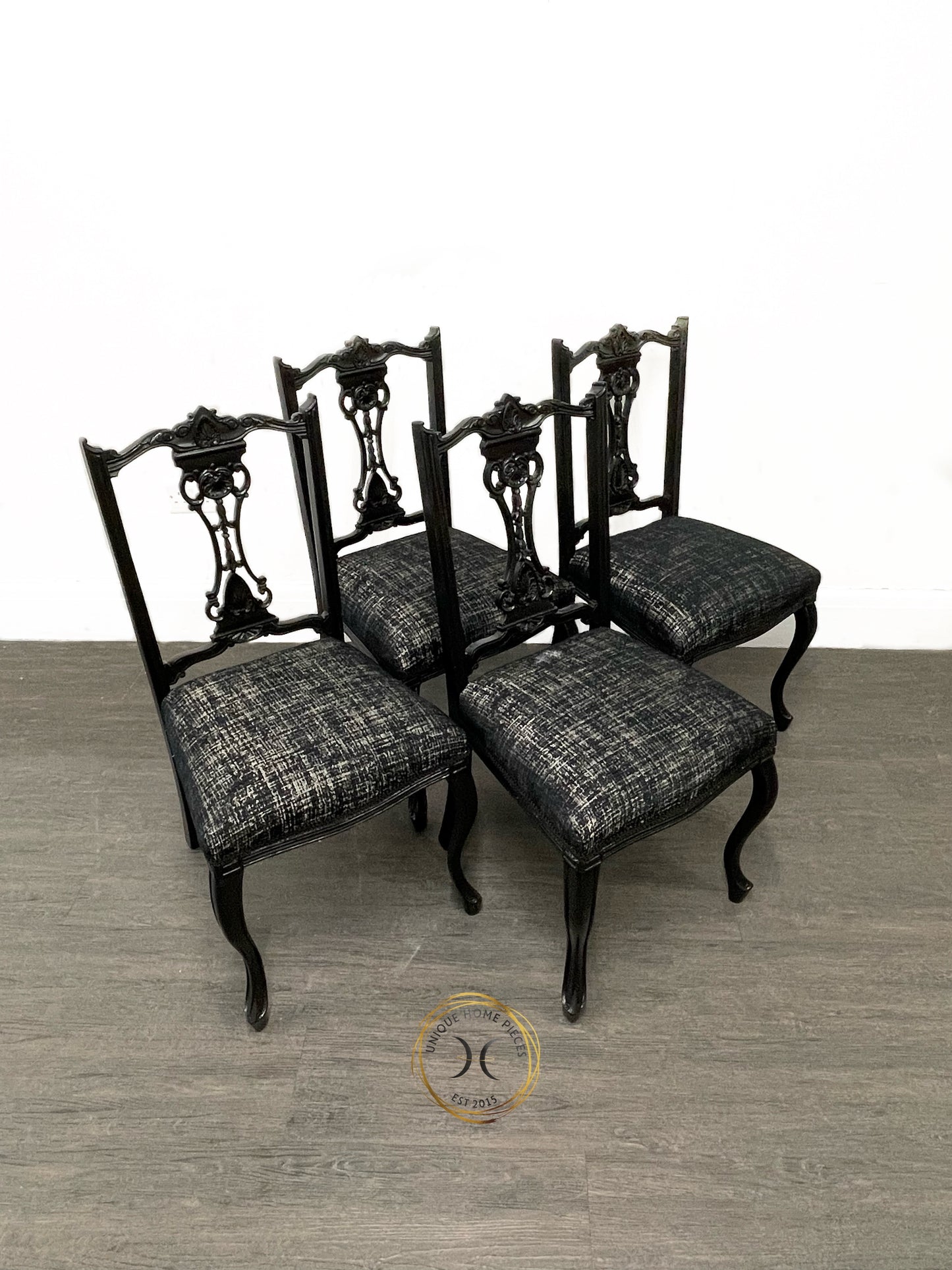 Set of 4 Edwardian Black & Silver Dining Chairs.