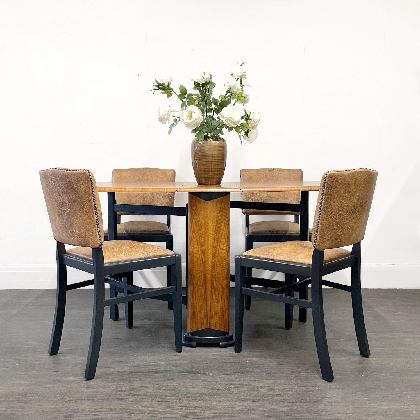 Set of 4 Beautility Black Painted Dining Chairs With Honey Faux Leather Seating.