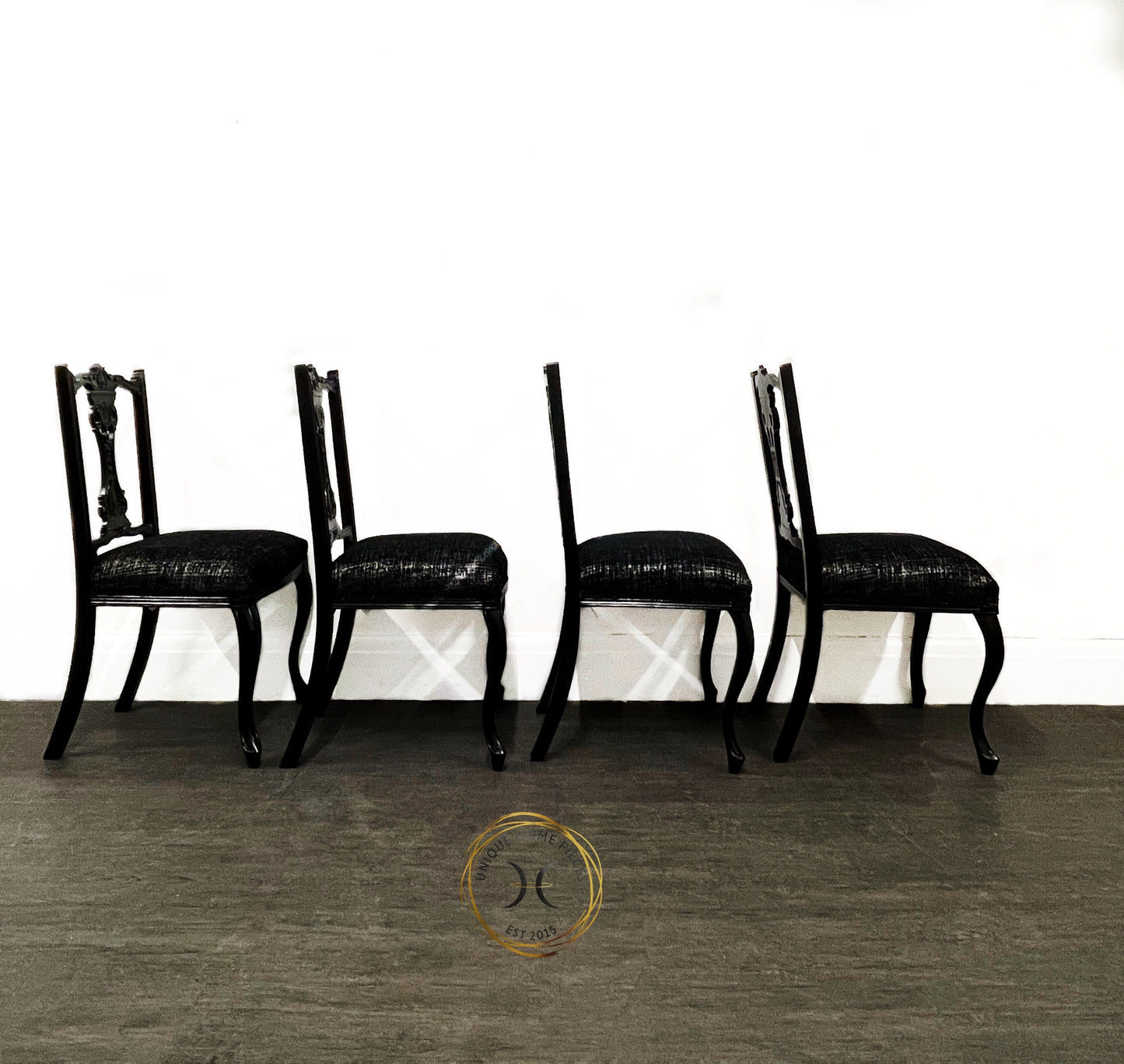 Set of 4 Edwardian Black & Silver Dining Chairs.