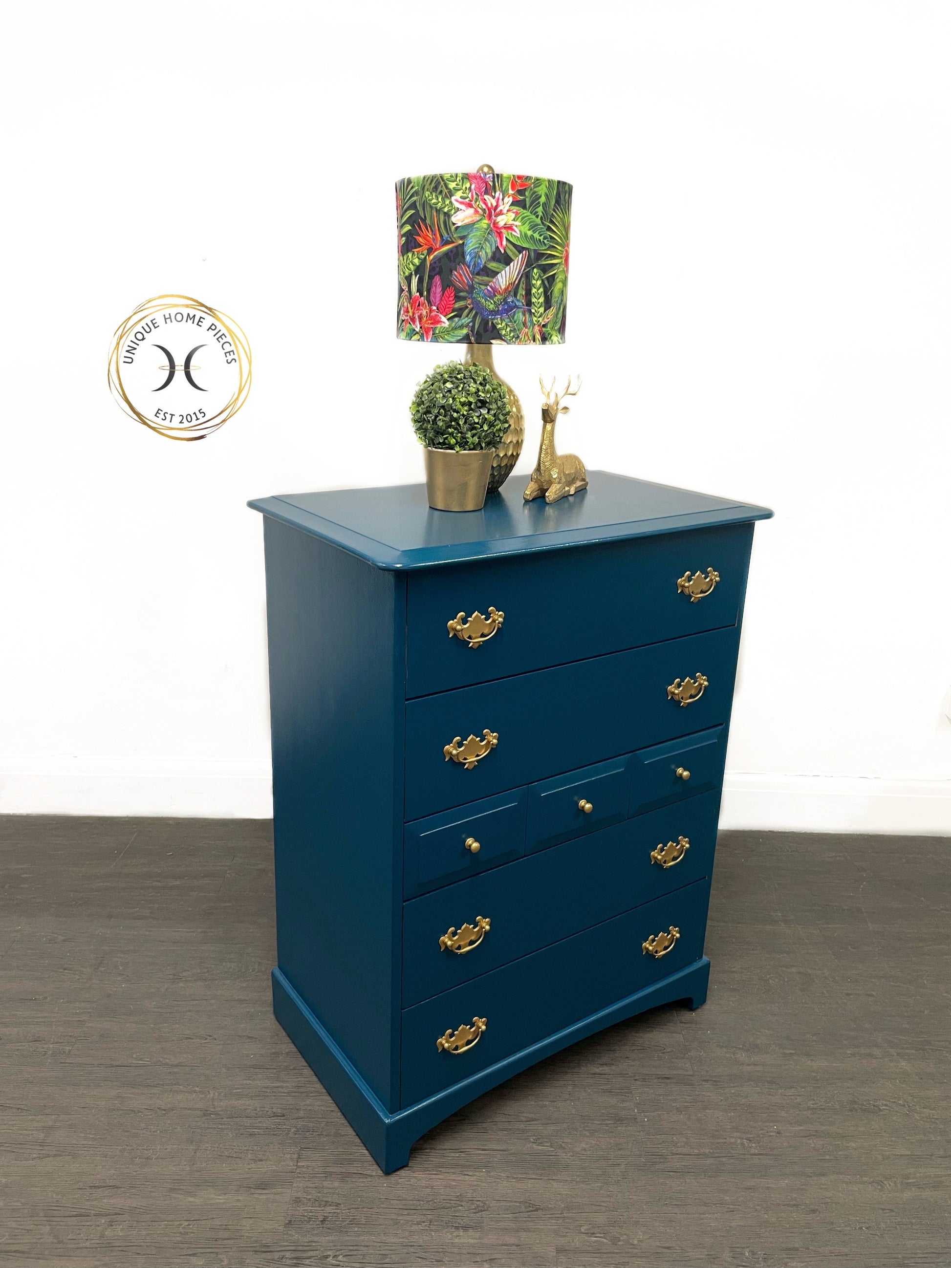 Stag Chest of 7 Drawers, Stag Tallboy Dresser, Blue Vintage Stag MCM Solid Wood Dresser - Unique Home Pieces