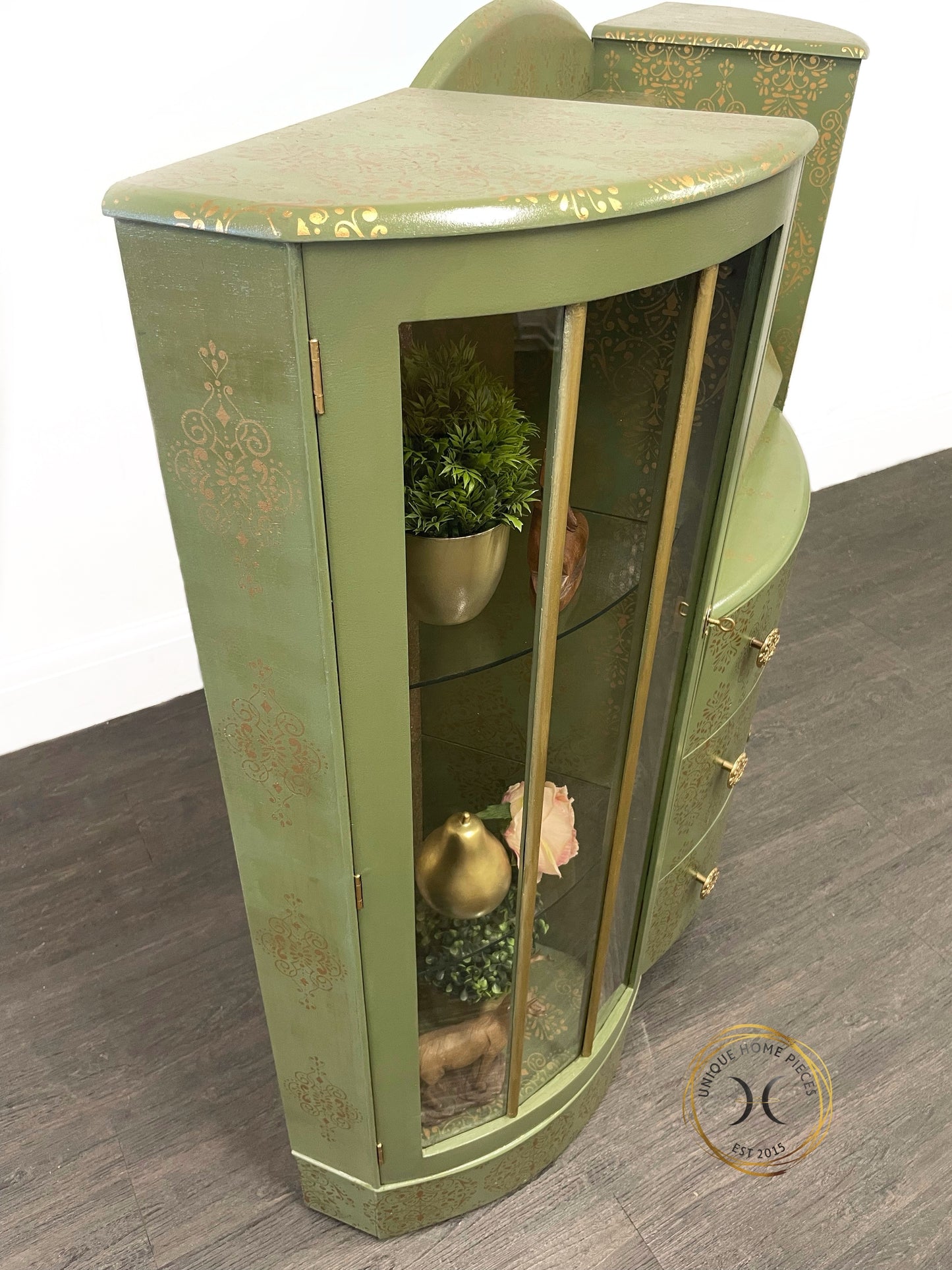 Green Gold Art Deco Style Display Case, Bureau, Writing Desk