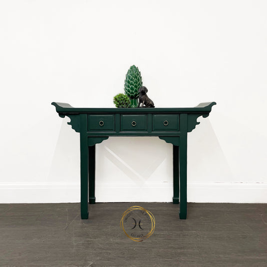 Green Rustic Oriental Style 3 Drawer Console Table/Desk