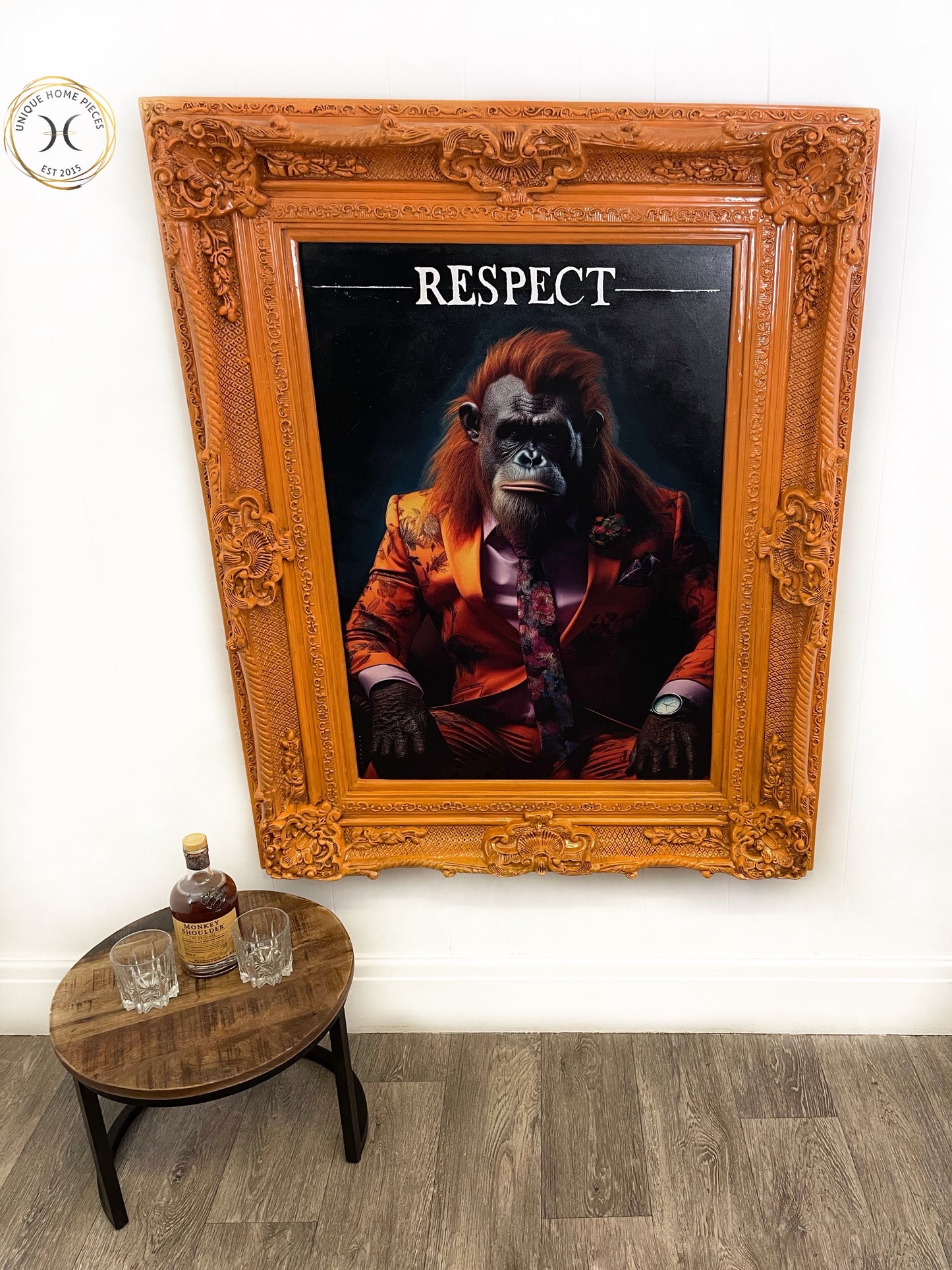 Orangutan Wall Art With Orange Ornate Picture Frame.