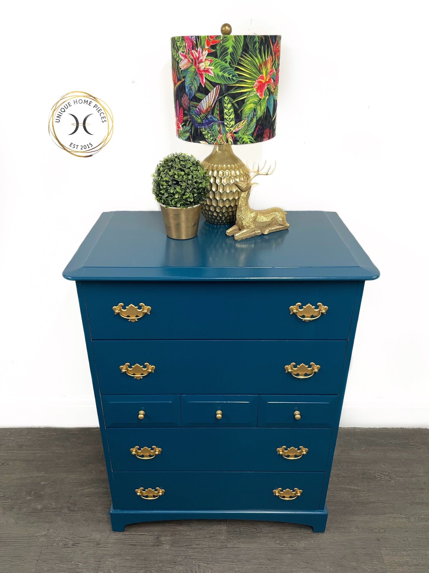 Stag Chest of 7 Drawers, Stag Tallboy Dresser, Blue Vintage Stag MCM Solid Wood Dresser - Unique Home Pieces
