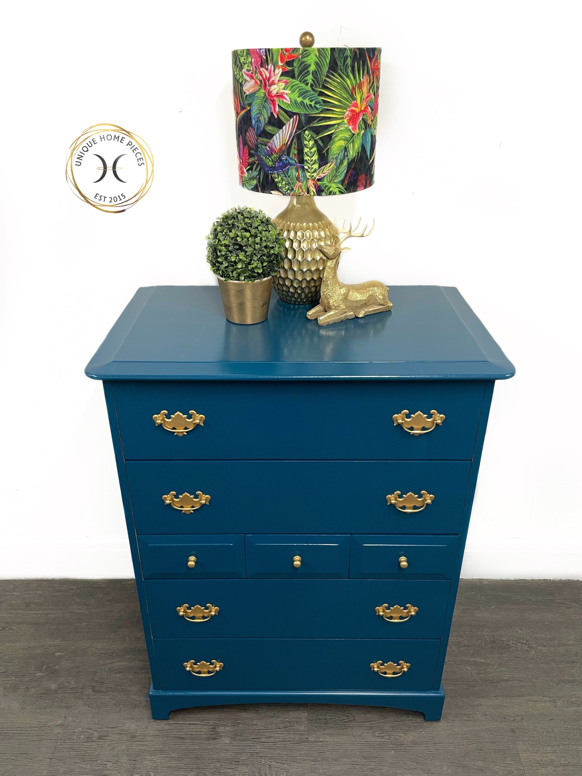 Stag Chest of 7 Drawers, Stag Tallboy Dresser, Blue Vintage Stag MCM Solid Wood Dresser - Unique Home Pieces