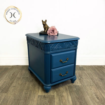 Blue Ornate Carved Bedside Cabinet