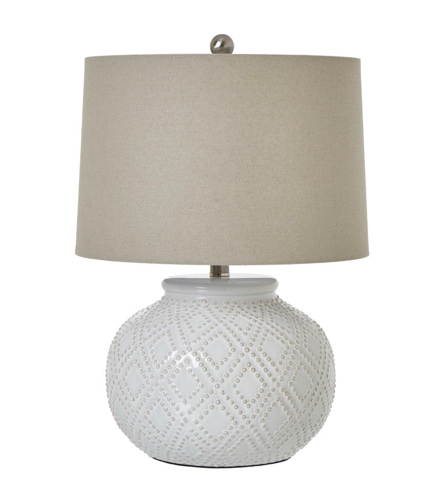 Squat. White Beaded Ceramic Lamp - Unique Home Pieces