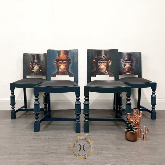 Set of 4 Oak Bespoke Blue and Green Monkey Design Dining Chairs
