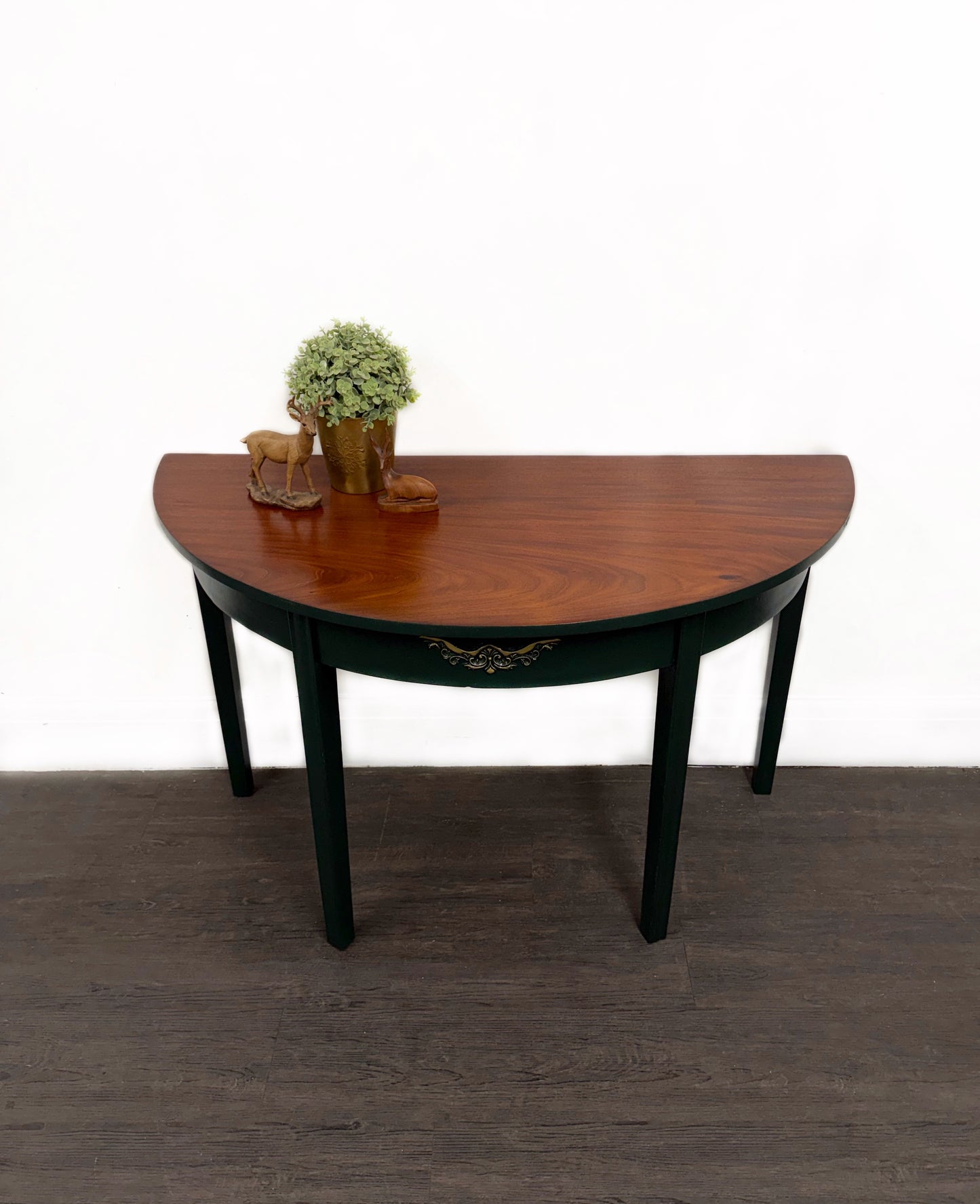 Large Dark Green Mahogany Half Moon Console Table