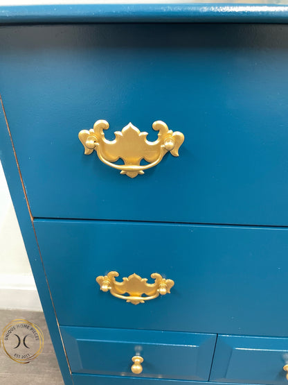 Stag Chest of 7 Drawers, Stag Tallboy Dresser, Blue Vintage Stag MCM Solid Wood Dresser - Unique Home Pieces