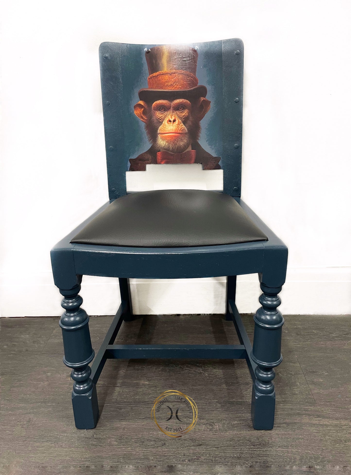 Set of 4 Oak Bespoke Blue and Green Monkey Design Dining Chairs