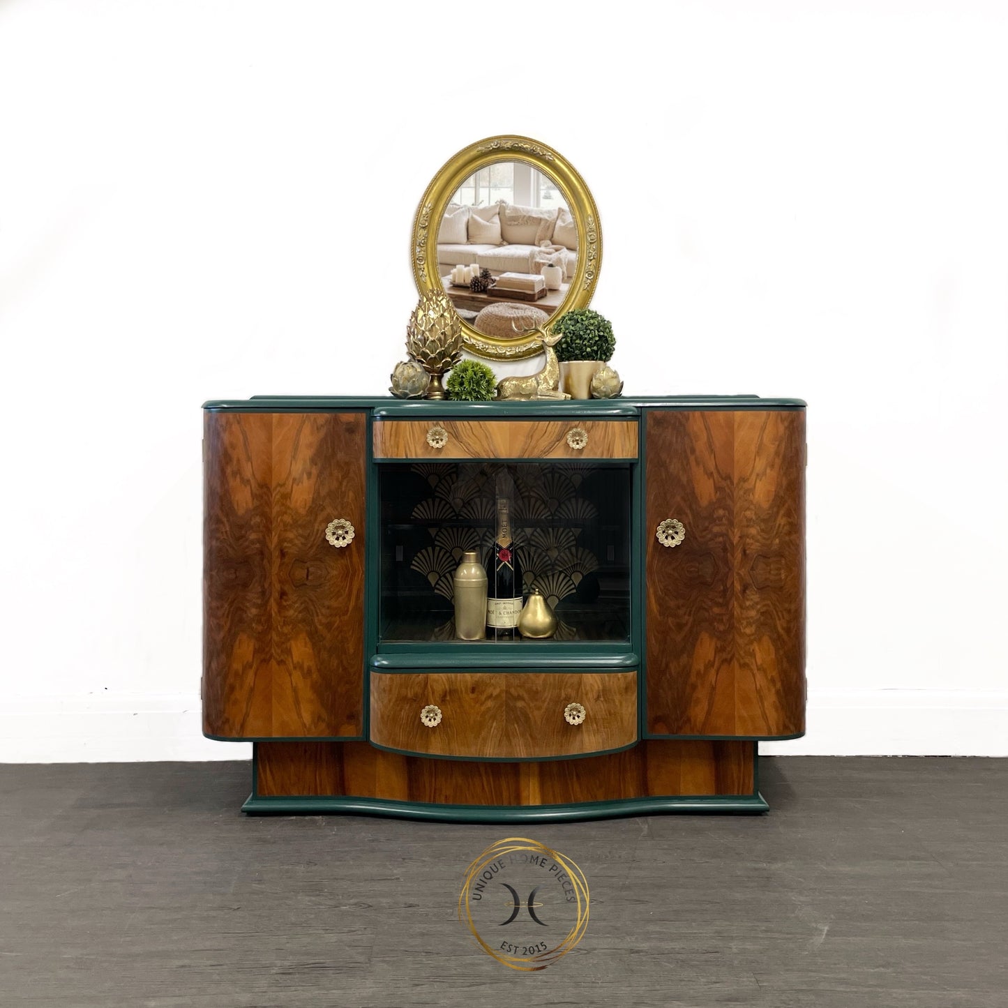 Heron of London Green Walnut Drinks Cabinet/Sideboard