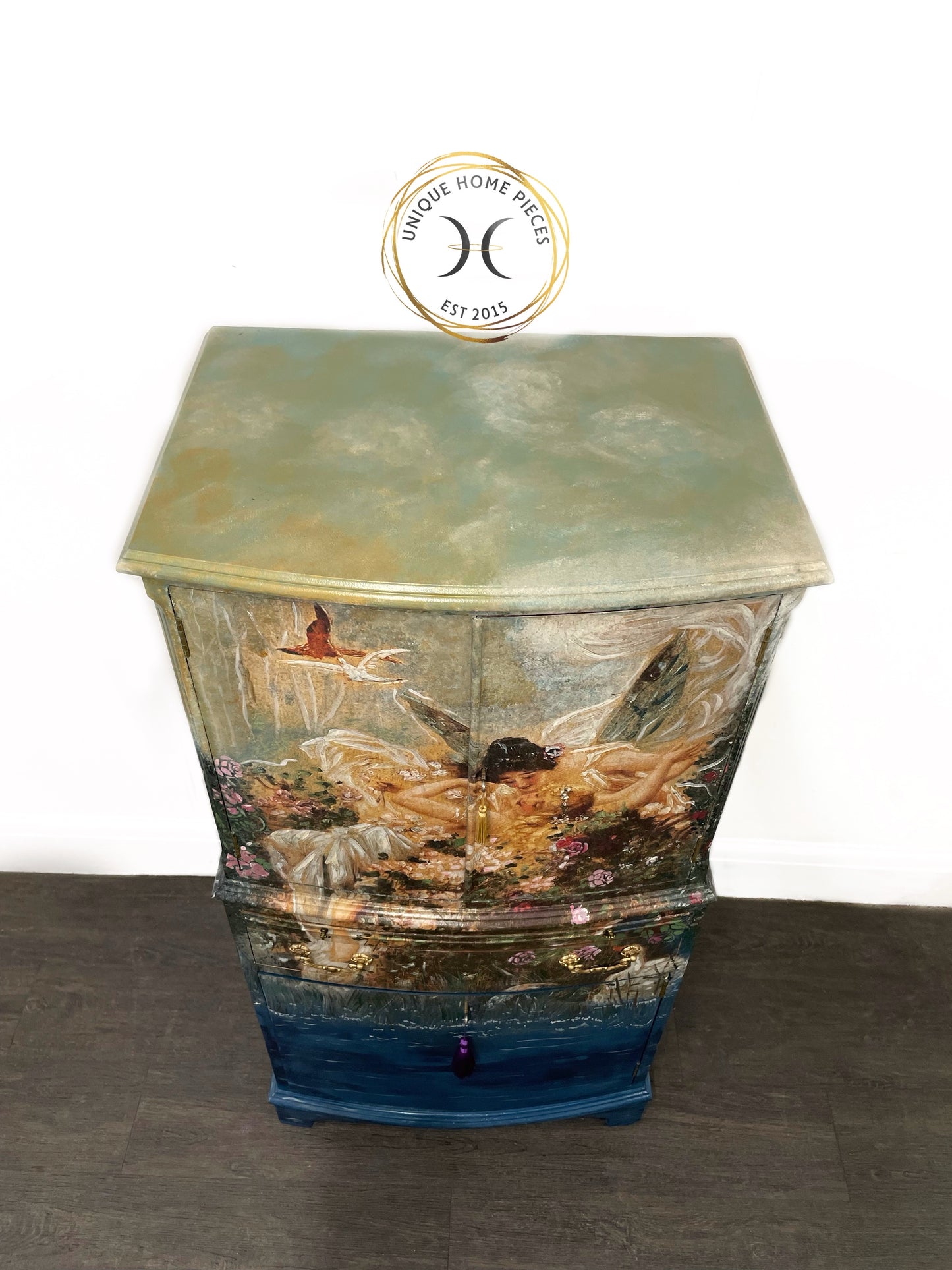 Whimsical Floral Fairies Hand Painted Drinks Cabinet.