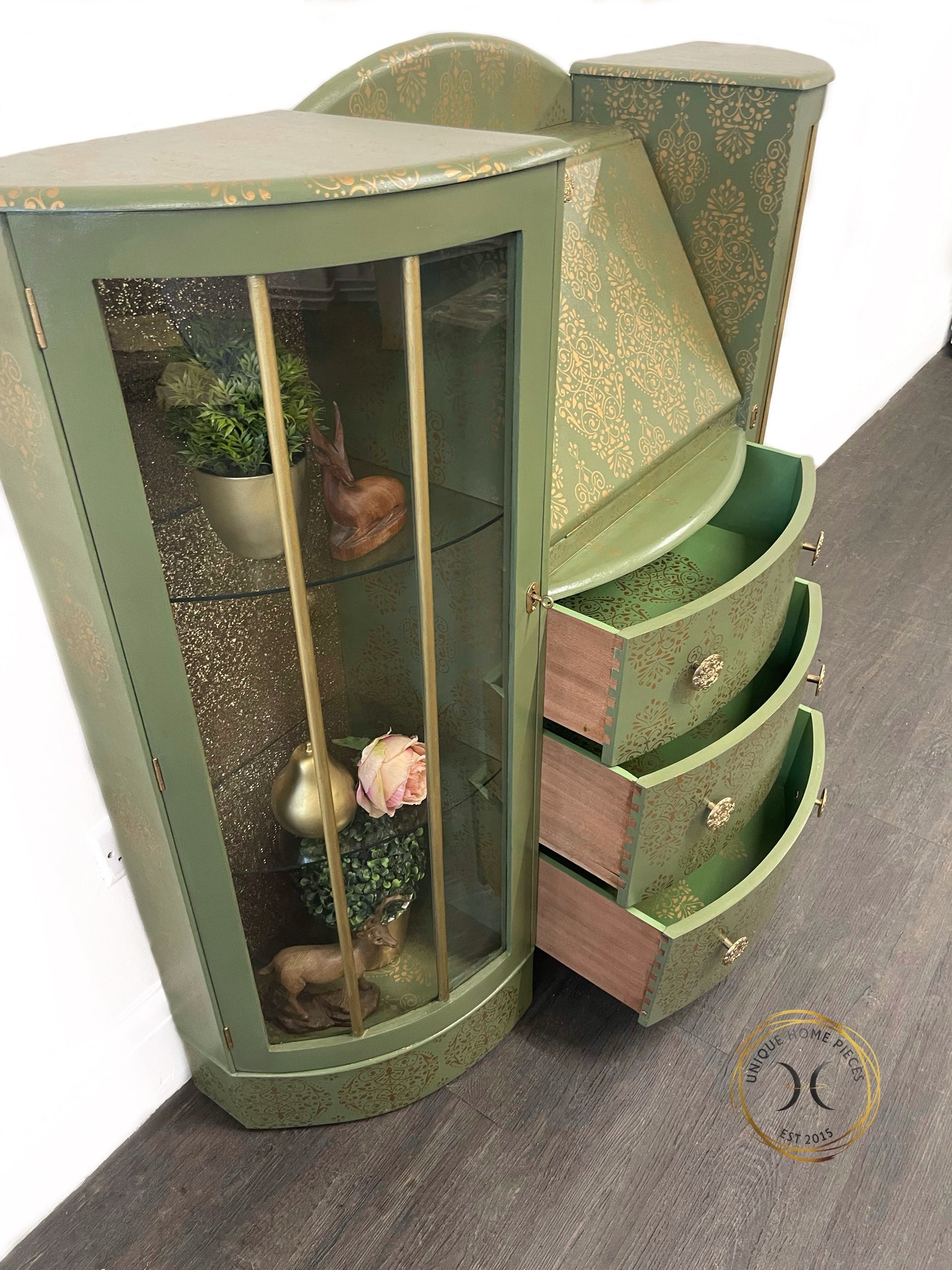 Green Gold Art Deco Style Display Case, Bureau, Writing Desk