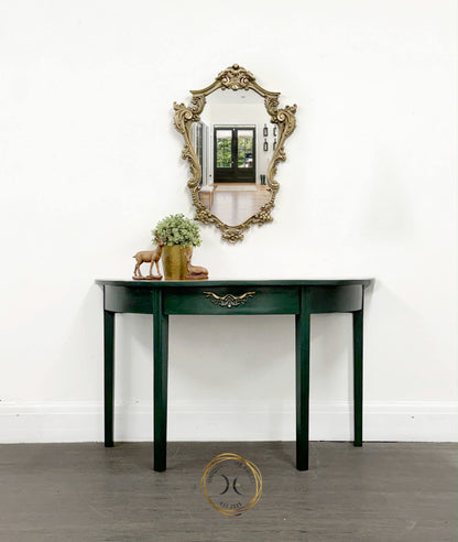 Large Dark Green Mahogany Half Moon Console Table