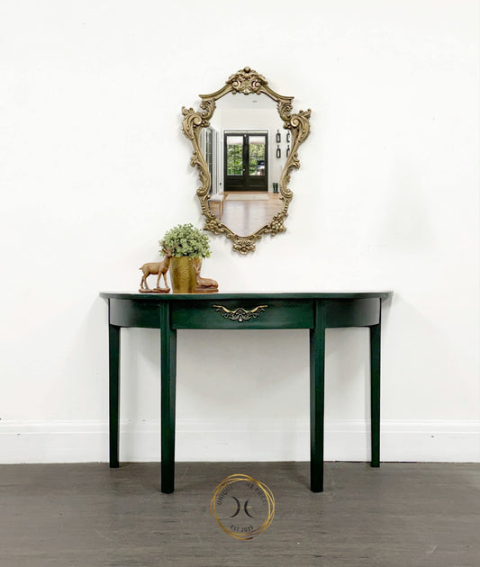 Large Dark Green Mahogany Half Moon Console Table