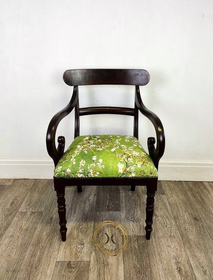 Antique English Regency Mahogany Scroll Arm Desk Chair With Green Velvet Material.