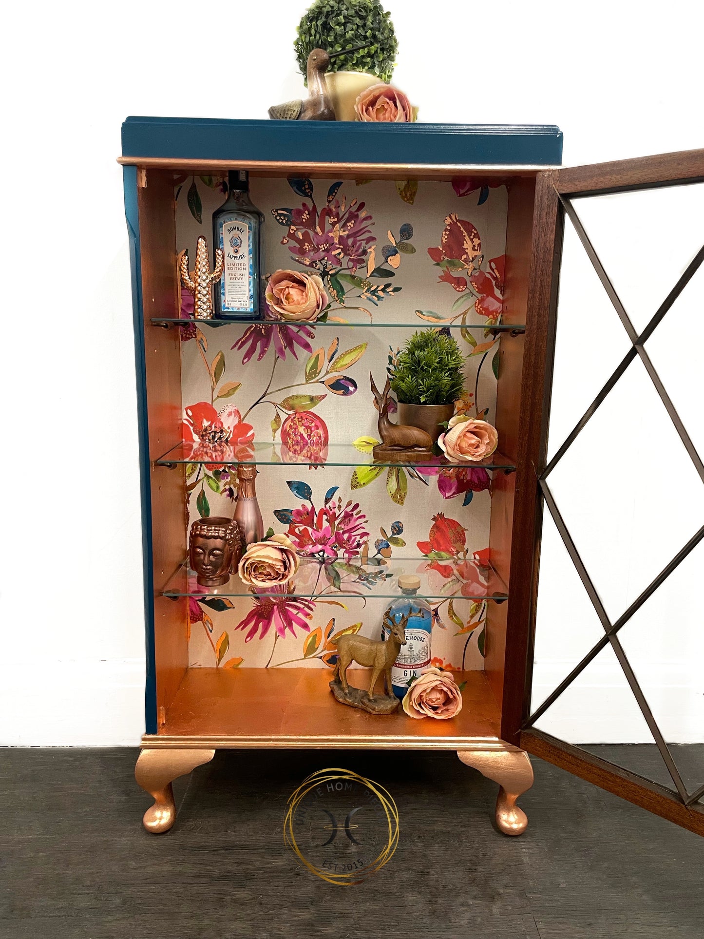 Blue Copper Vintage Glass Fronted Display/ Drinks Cabinet - Unique Home Pieces