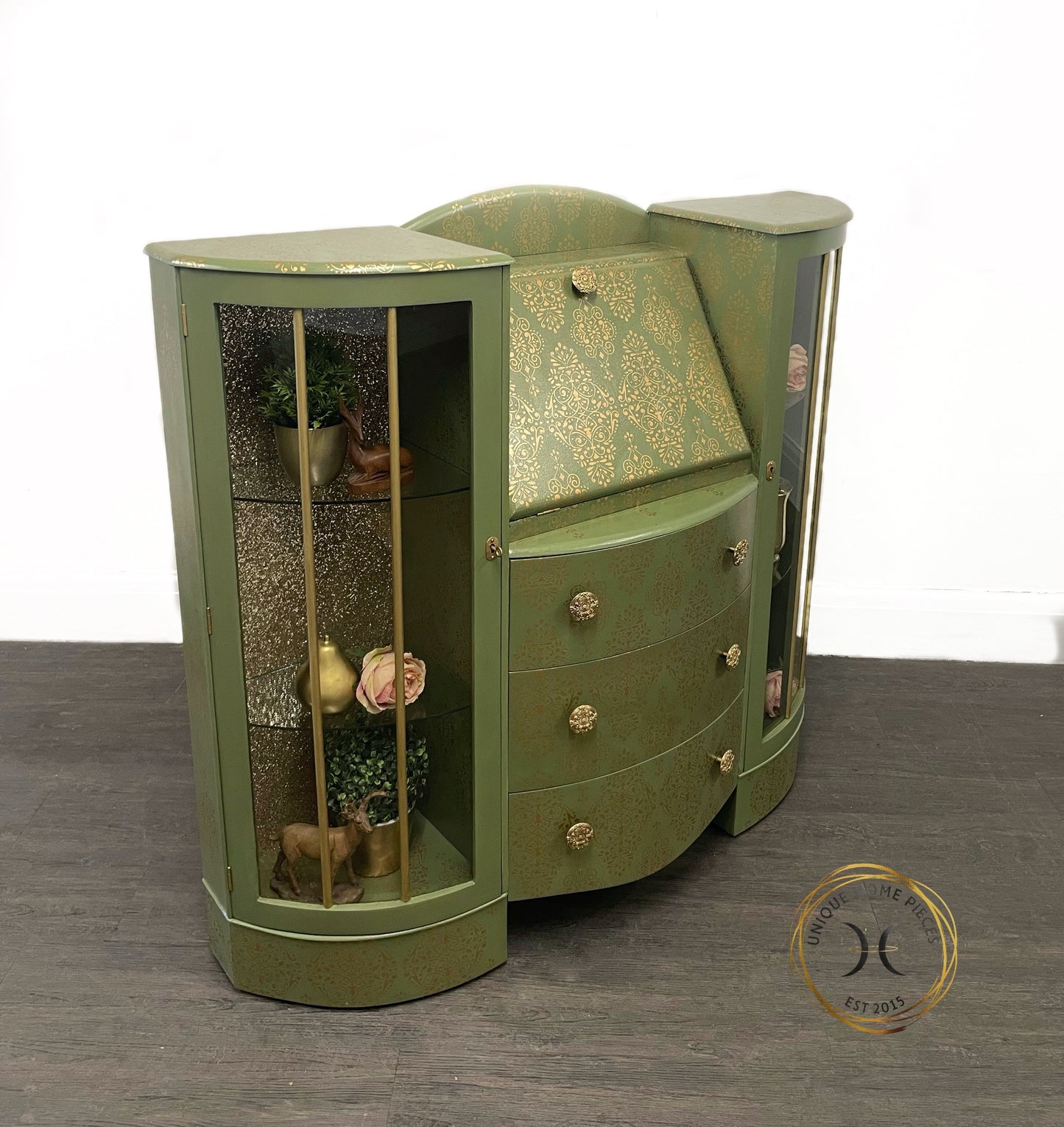 Green Gold Art Deco Style Display Case, Bureau, Writing Desk
