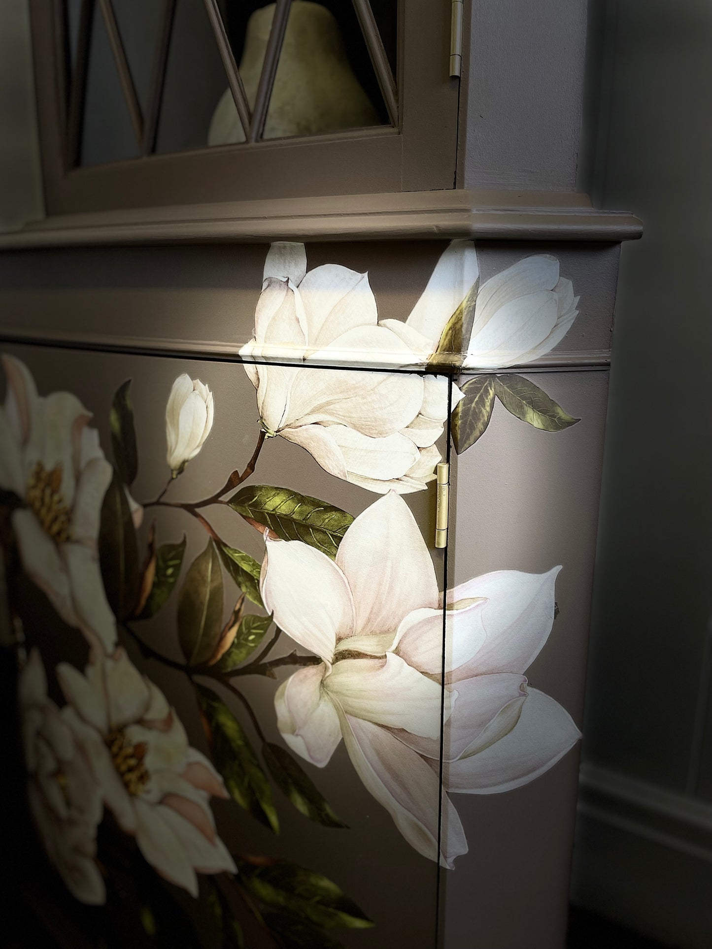 Beige Brown Glazed Corner Cabinet With Magnolia Grandiflora Transfer