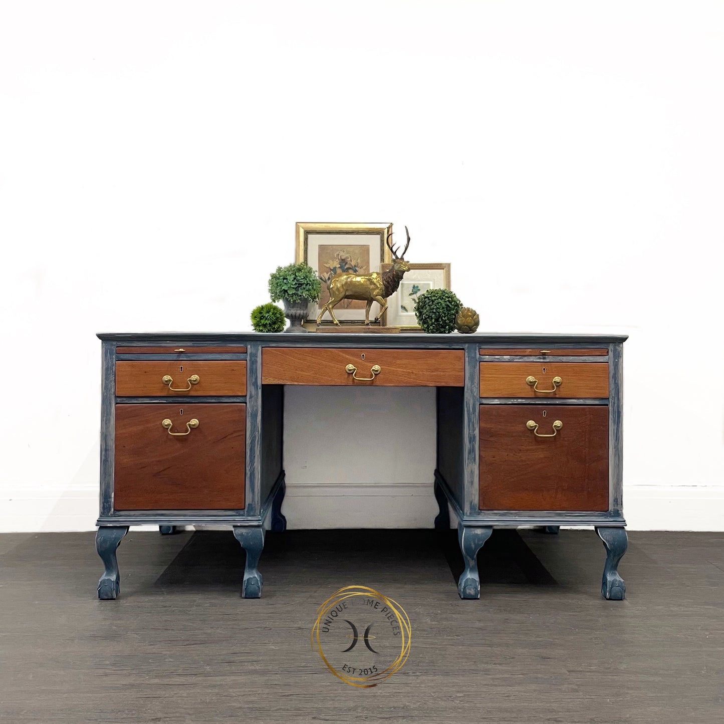 Blue Claw and Ball Twin Pedestal Office Desk, Cookes(Finsbury) Ltd