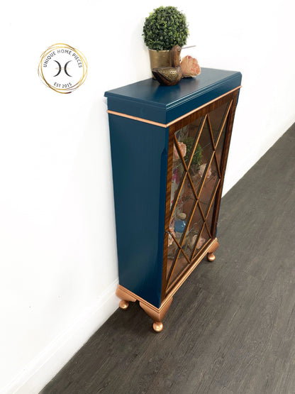 Blue Copper Vintage Glass Fronted Display/ Drinks Cabinet - Unique Home Pieces