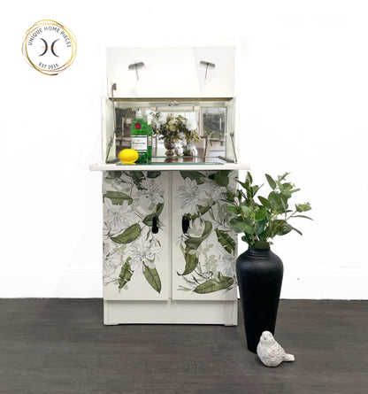 White Vintage Drinks Cabinet with Leaf Design