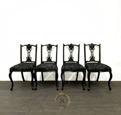 Set of 4 Edwardian Black & Silver Dining Chairs.