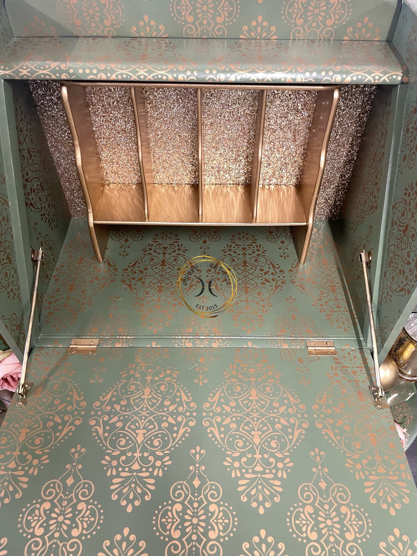 Green Gold Art Deco Style Display Case, Bureau, Writing Desk