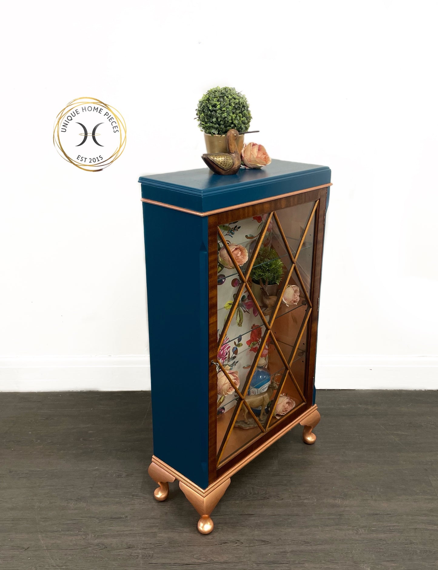 Blue Copper Vintage Glass Fronted Display/ Drinks Cabinet - Unique Home Pieces