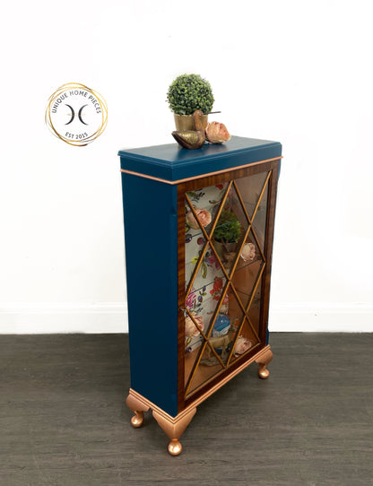 Blue Copper Vintage Glass Fronted Display/ Drinks Cabinet - Unique Home Pieces