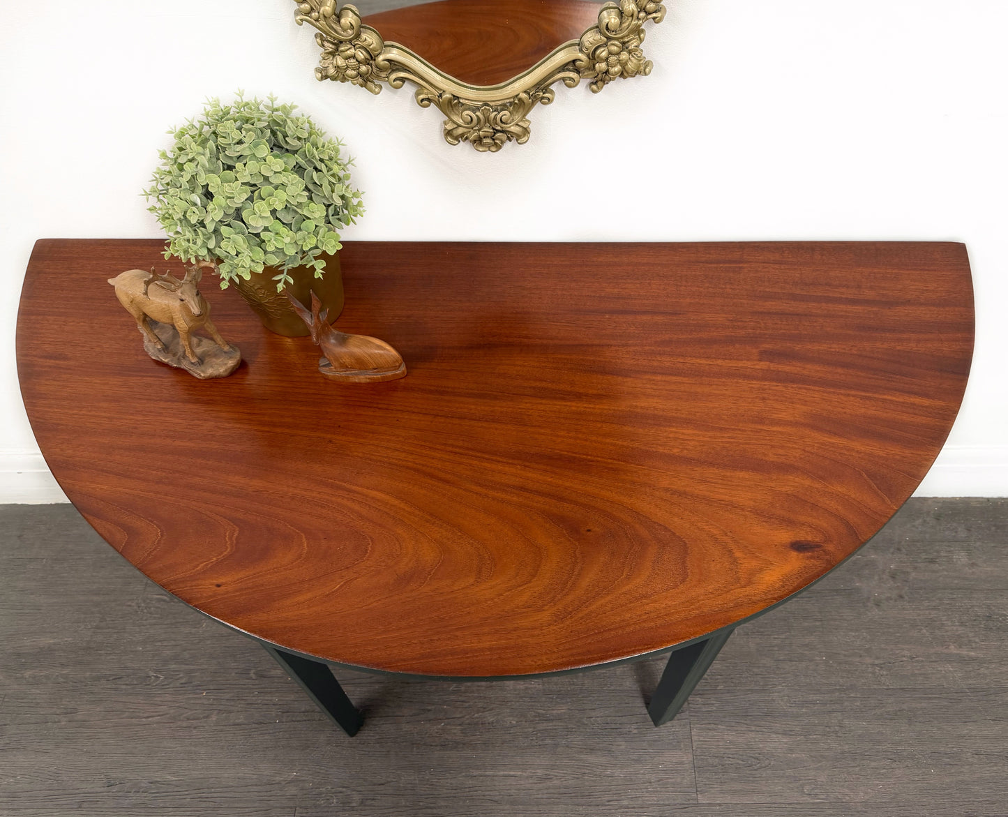 Large Dark Green Mahogany Half Moon Console Table
