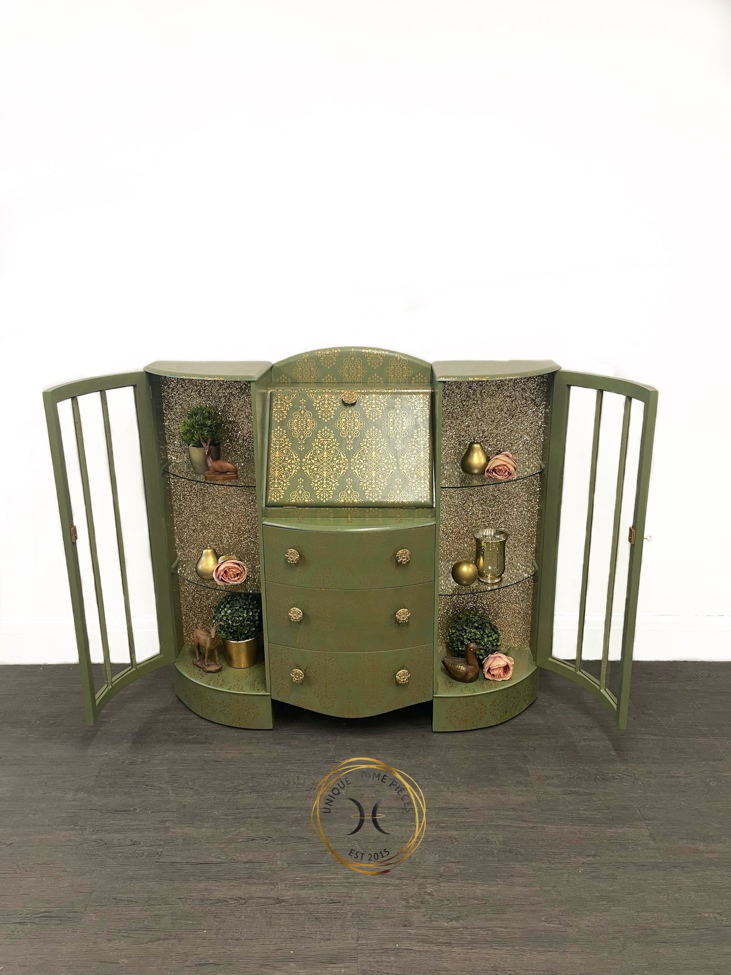 Green Gold Art Deco Style Display Case, Bureau, Writing Desk