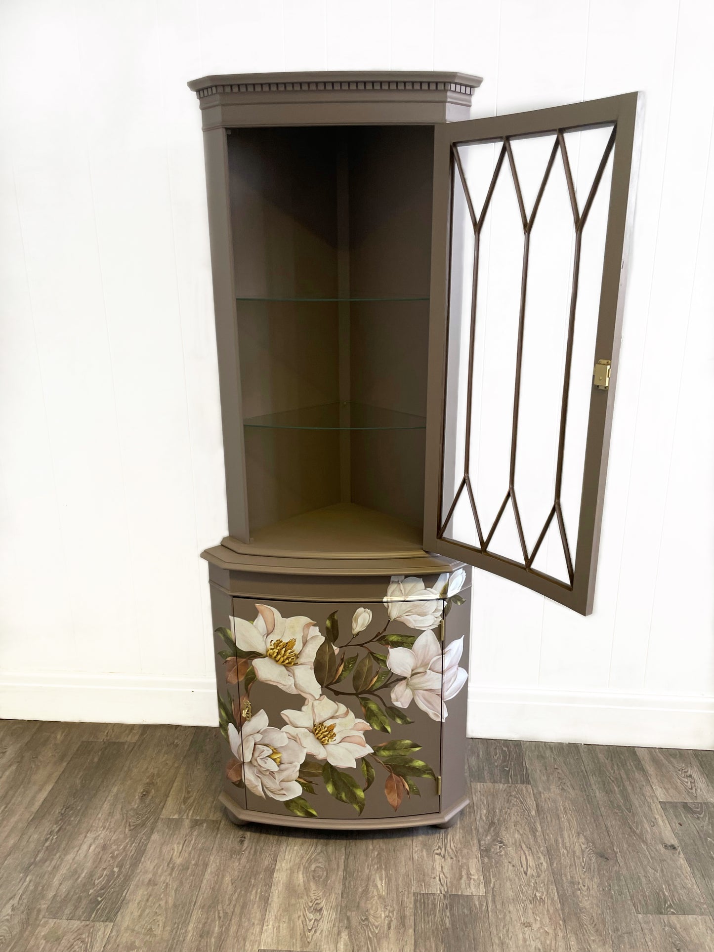 Beige Brown Glazed Corner Cabinet With Magnolia Grandiflora Transfer