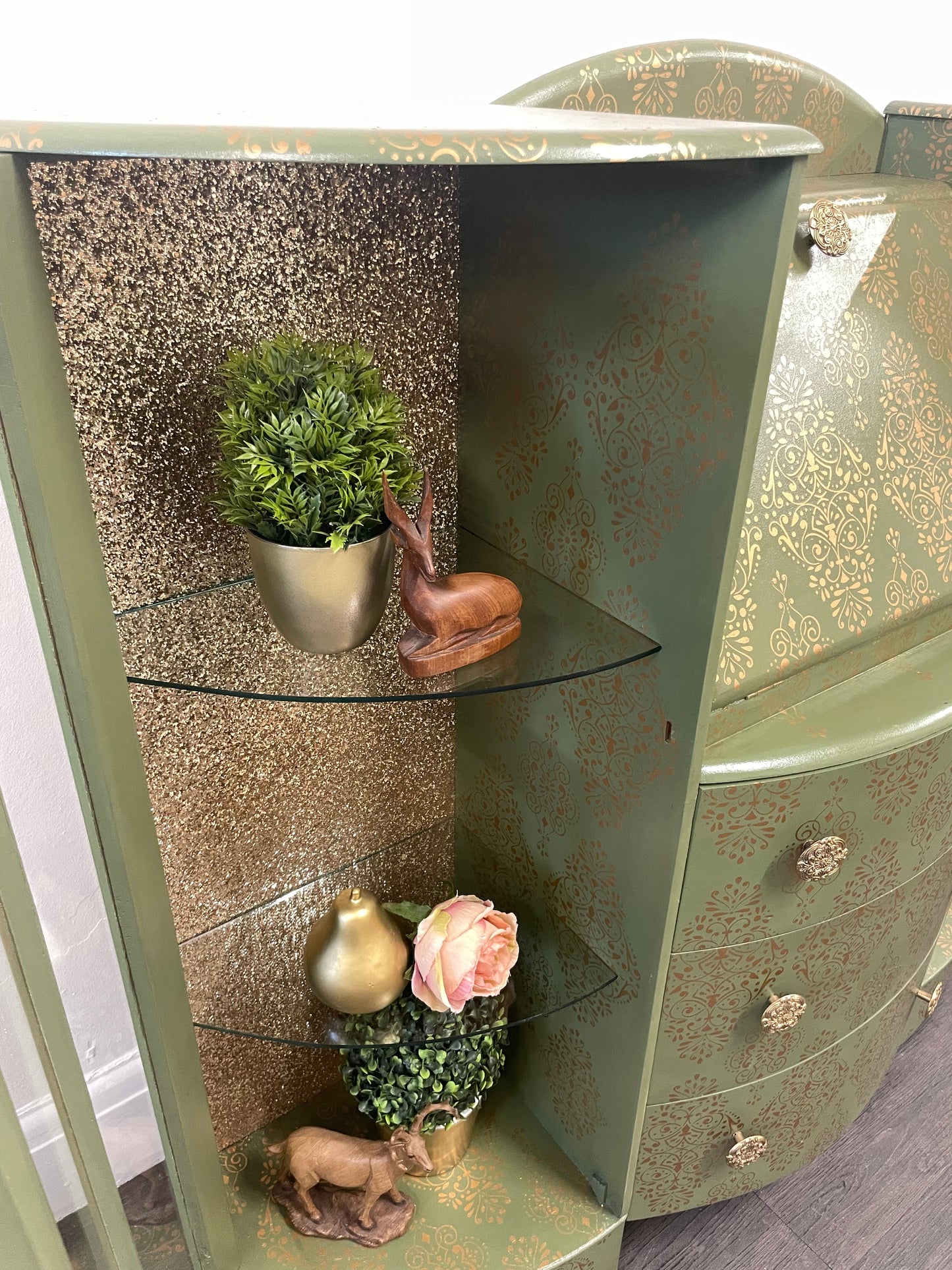 Green Gold Art Deco Style Display Case, Bureau, Writing Desk