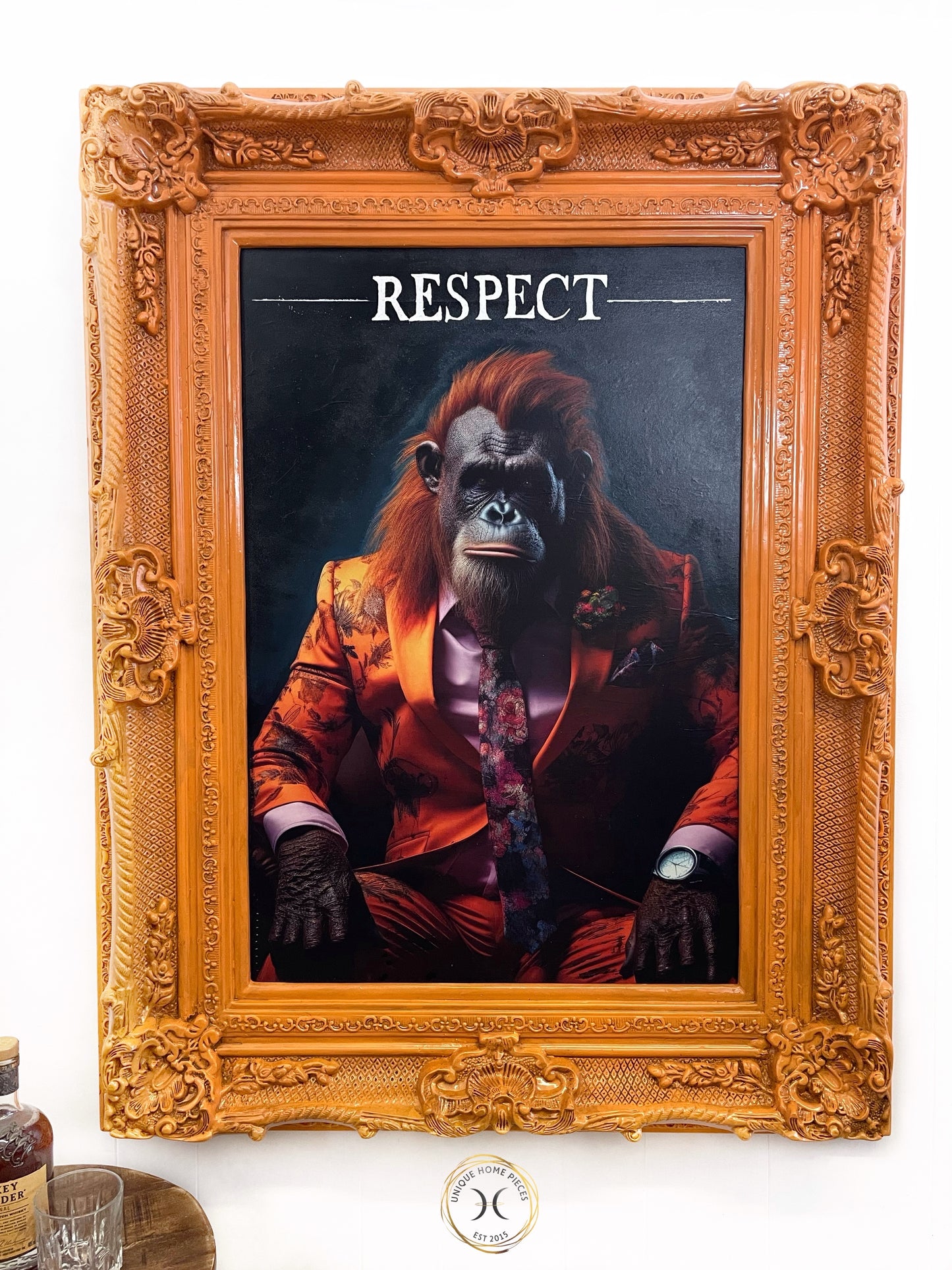 Orangutan Wall Art With Orange Ornate Picture Frame.