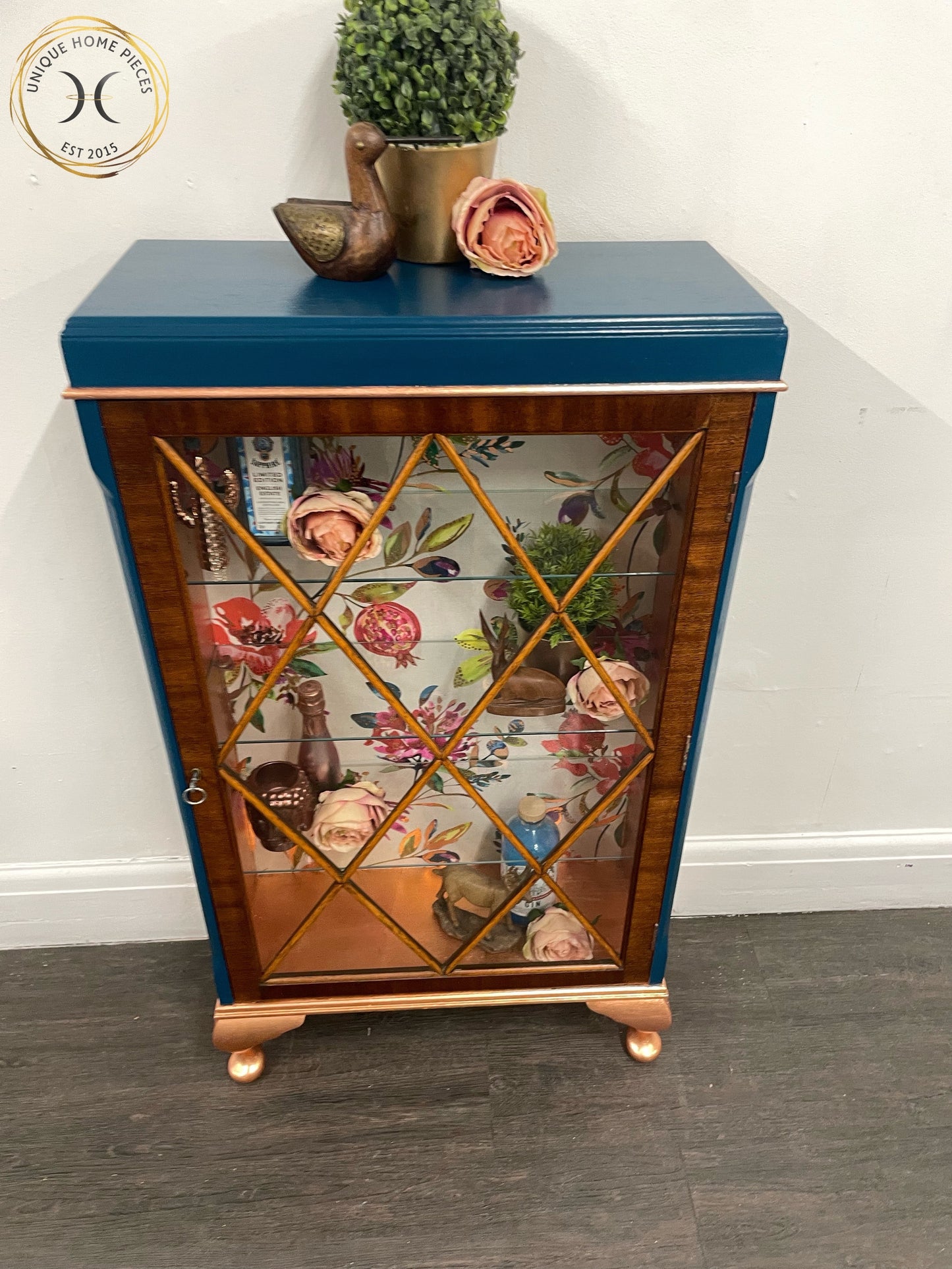 Blue Copper Vintage Glass Fronted Display/ Drinks Cabinet - Unique Home Pieces