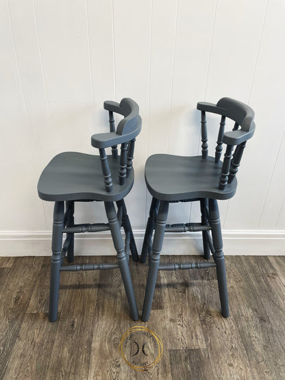 Set of 2 Hand Painted Grey Pine Bar Stools