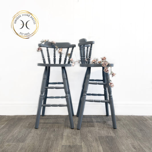 Set of 2 Hand Painted Grey Pine Bar Stools