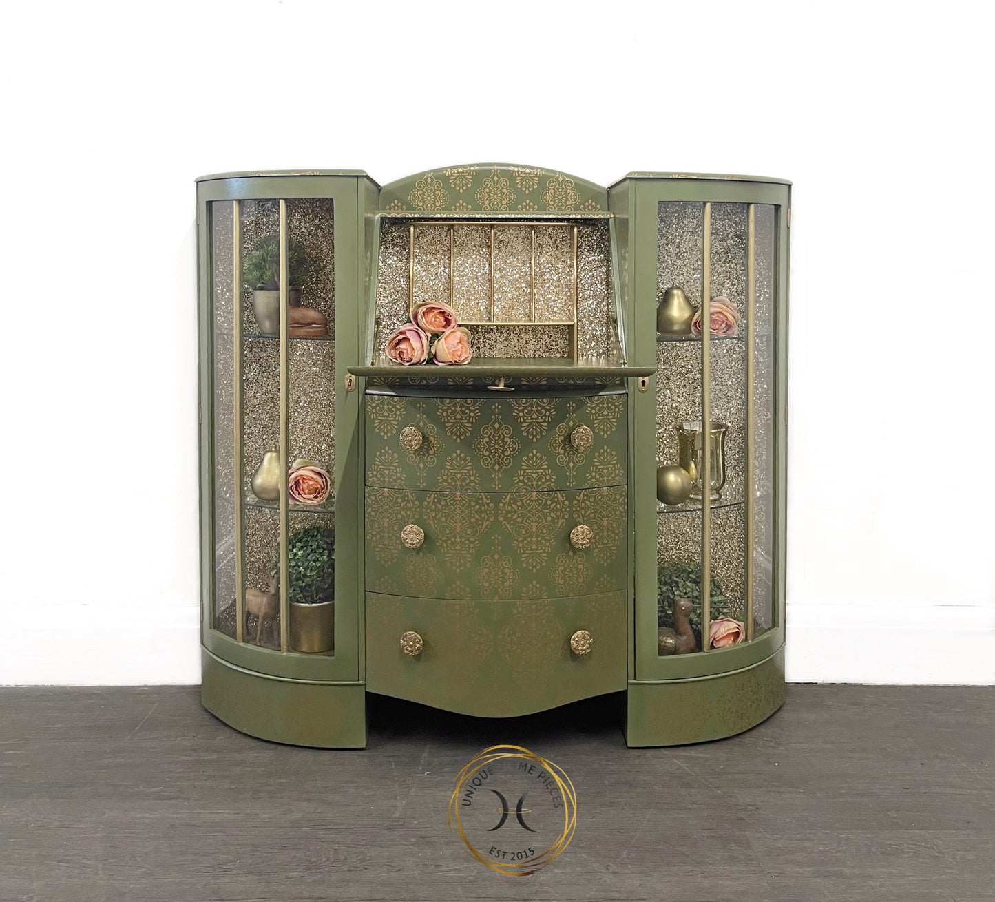 Green Gold Art Deco Style Display Case, Bureau, Writing Desk