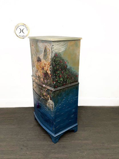 Whimsical Floral Fairies Hand Painted Drinks Cabinet.